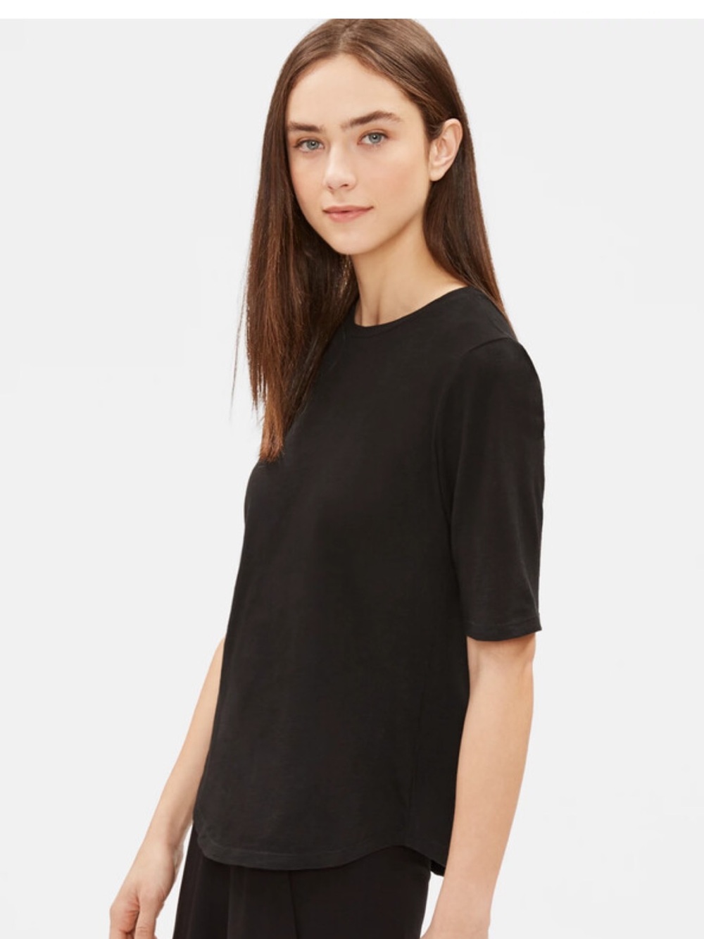 Eileen Fisher Cotton Slub Elbow Sleeve Black Short-Sleeve Crewneck Tee